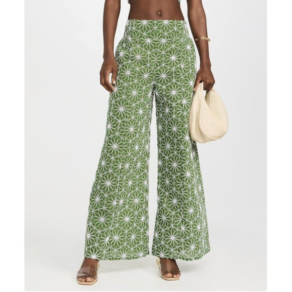 Agua Bendita Mar Pants Green Embroidered Wide-Leg Pants